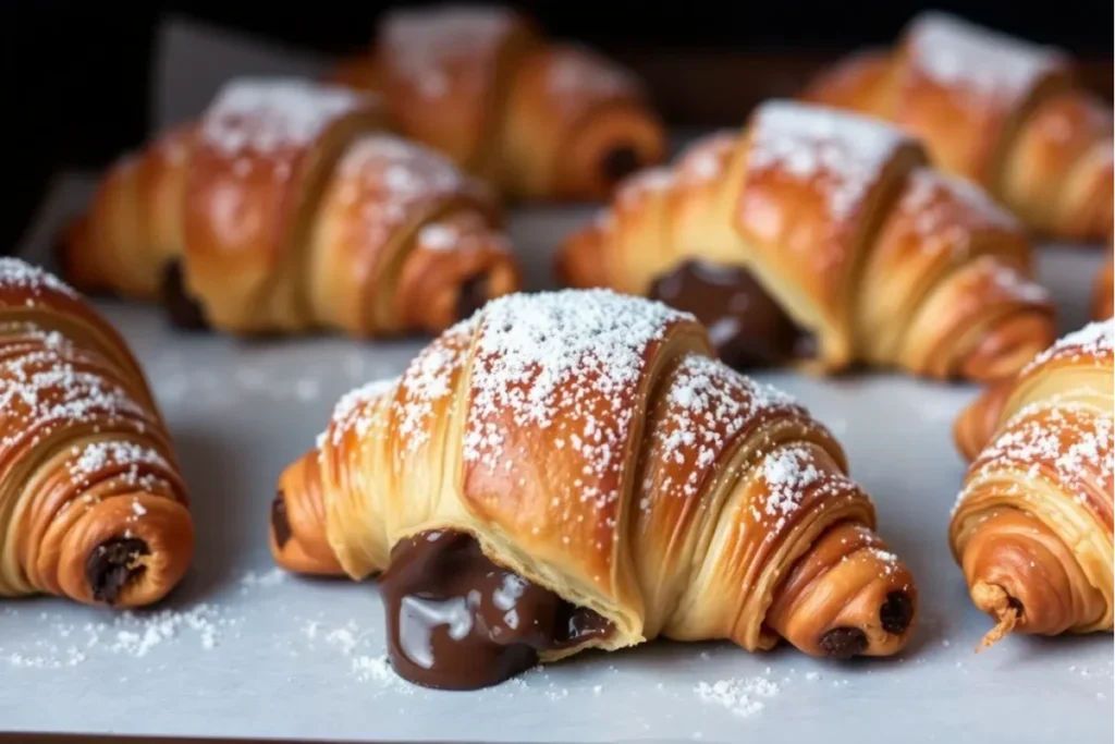 Homemade chocolate croissants fresh from the oven