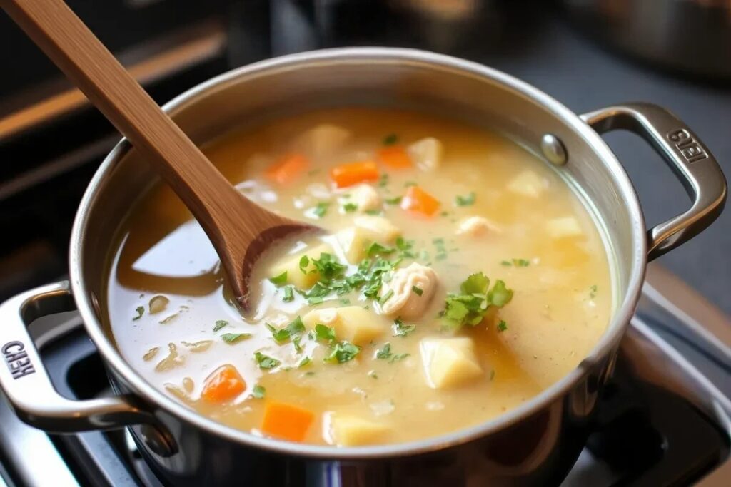 A pot of Marry Me Chicken Soup simmering on the stove with fresh herbs and a wooden spoon