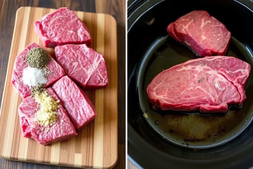 Preparing cube steak for the crock pot: raw steaks seasoned on a cutting board with a skillet in the background