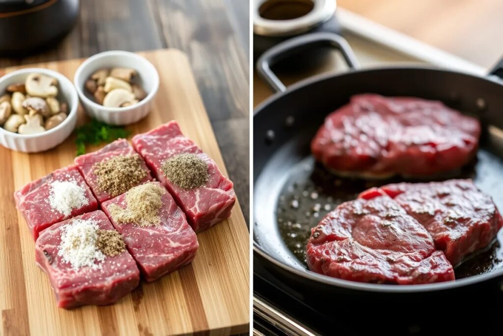 Seasoning cube steak on a cutting board with mushrooms and onions