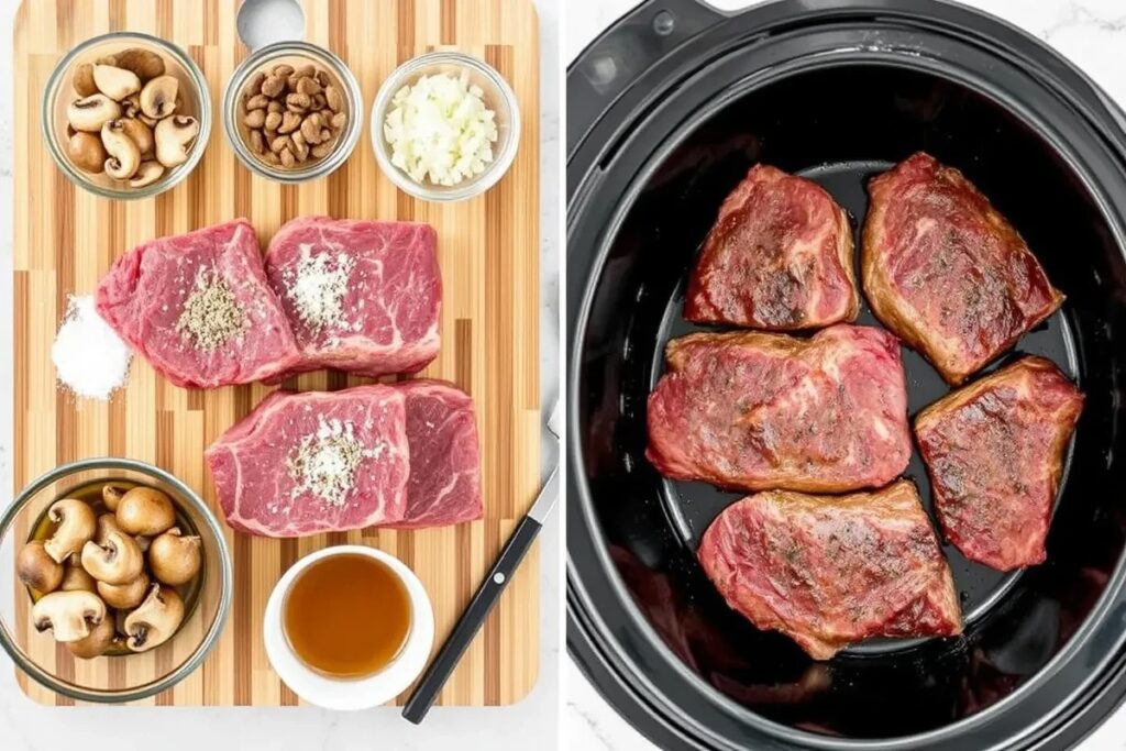 Preparing cube steak with seasonings, mushrooms, and onions for crock pot cooking