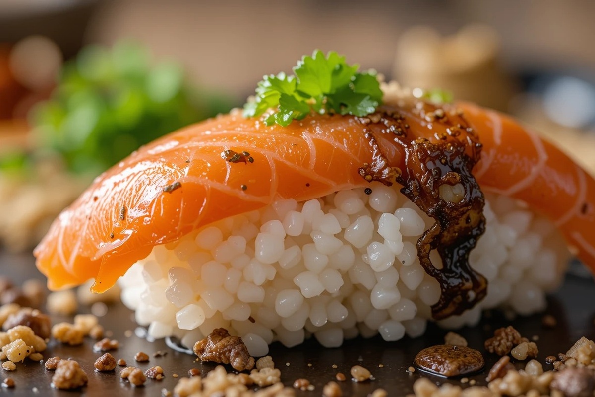 Plate of salmon nigiri garnished with ginger and wasabi