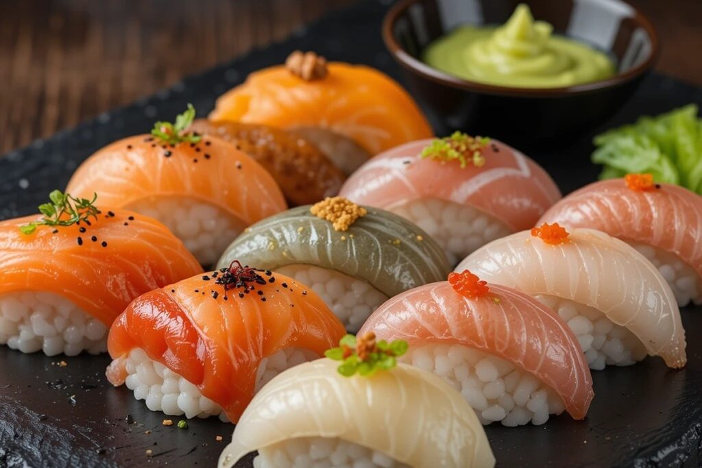 Assorted nigiri sushi with fresh fish and a side of wasabi