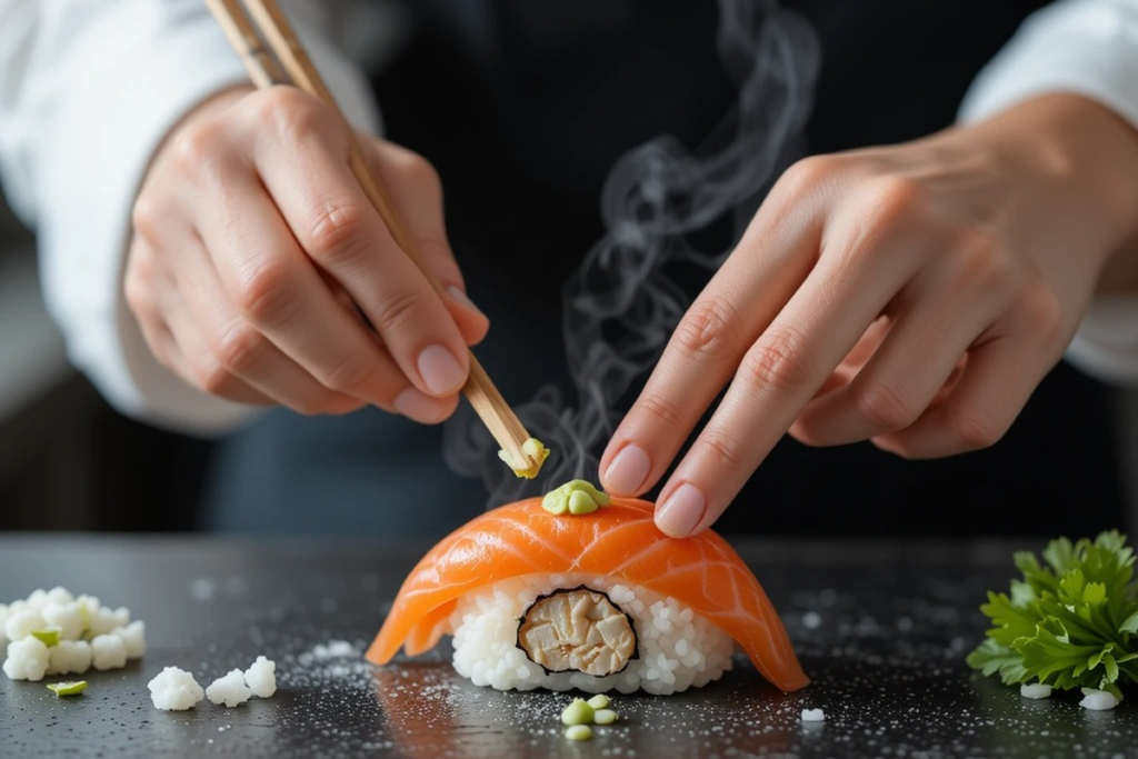 Sushi chef applying wasabi while preparing nigiri