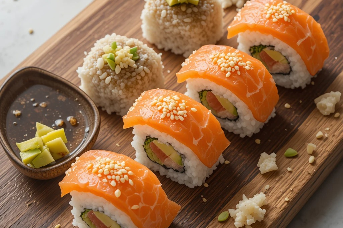 A plate of nigiri rice balls with fresh toppings and soy sauce