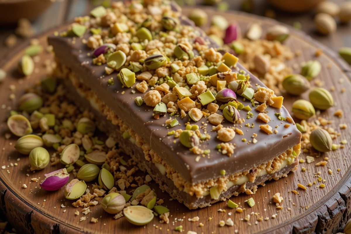 Dubai chocolate bar with pistachio and kunafa on a wooden board