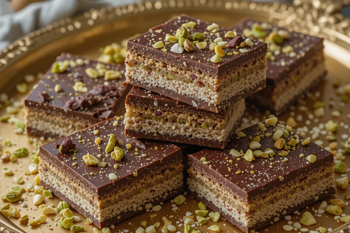 Sliced Dubai chocolate bar on a golden tray with pistachio and kunafa layers