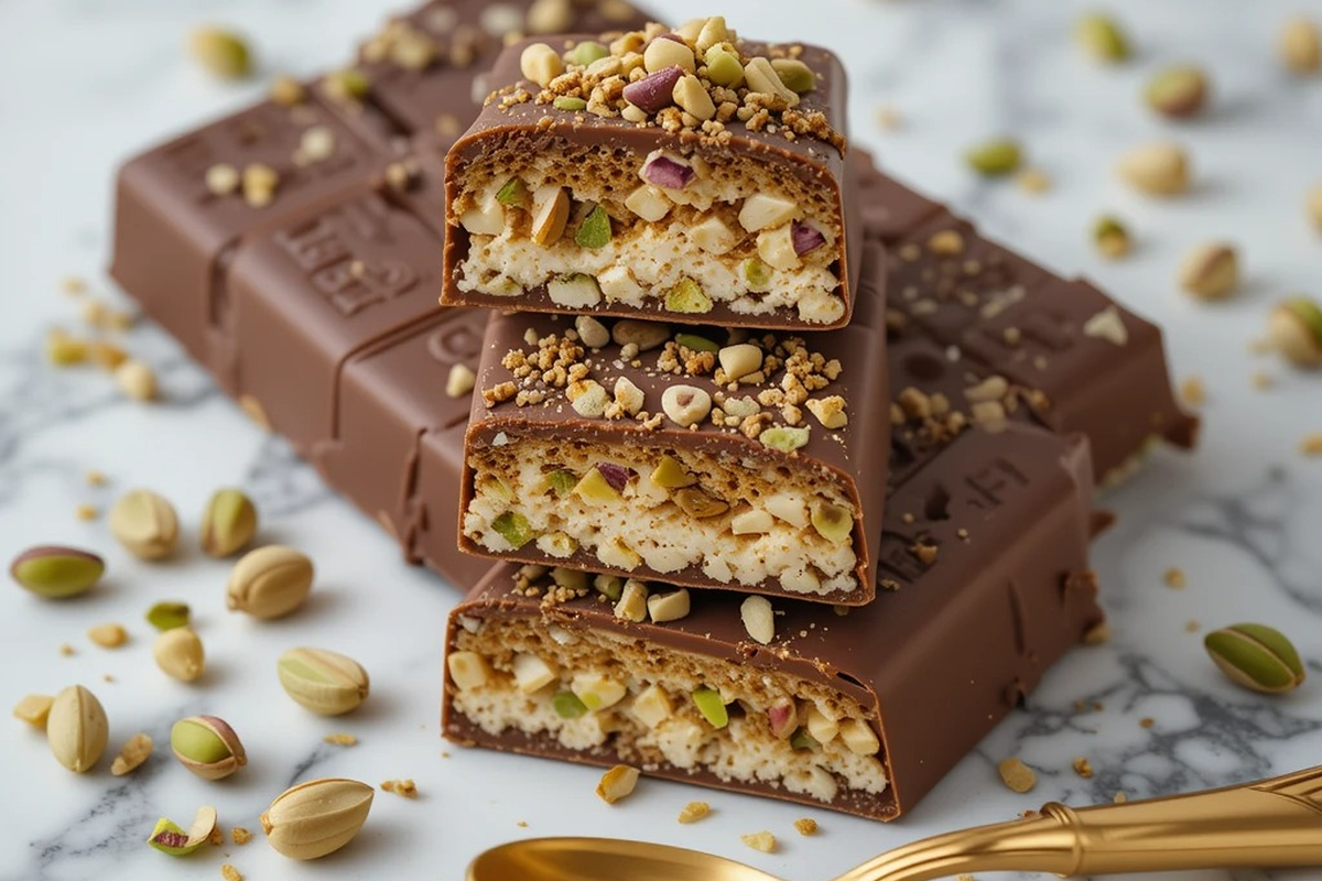 Sliced Dubai chocolate bars with pistachios and kunafa on a marble countertop