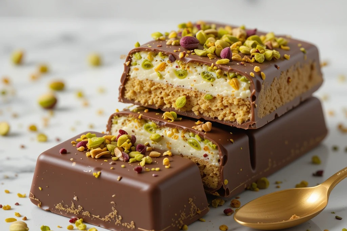 Sliced Dubai chocolate bar showing kunafa and pistachio layers