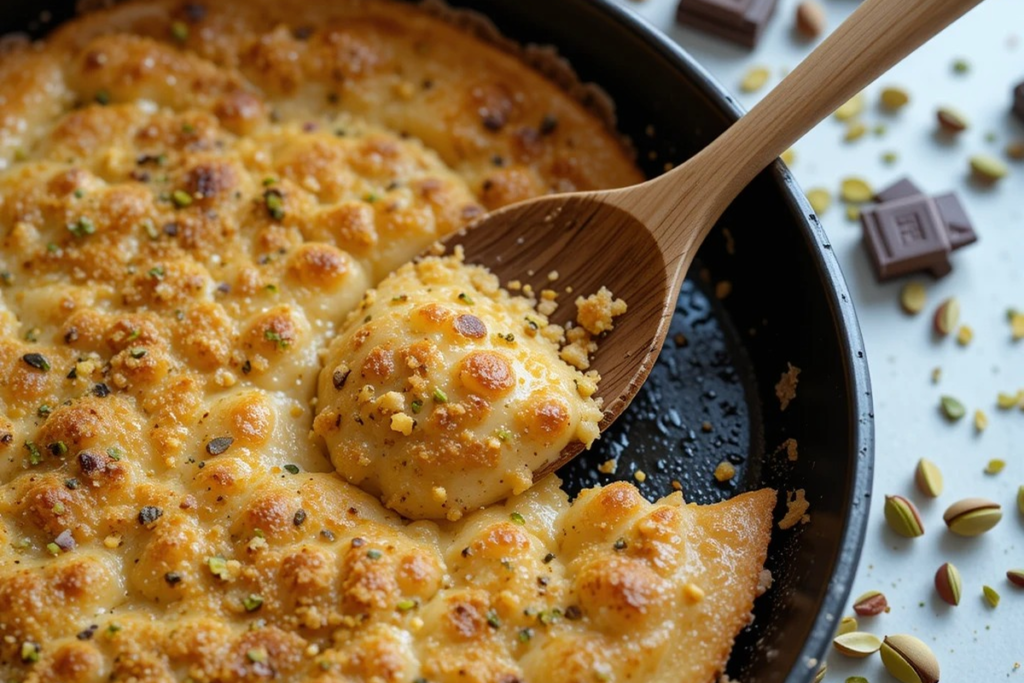 Toasted kunafa pastry in a frying pan with pistachios