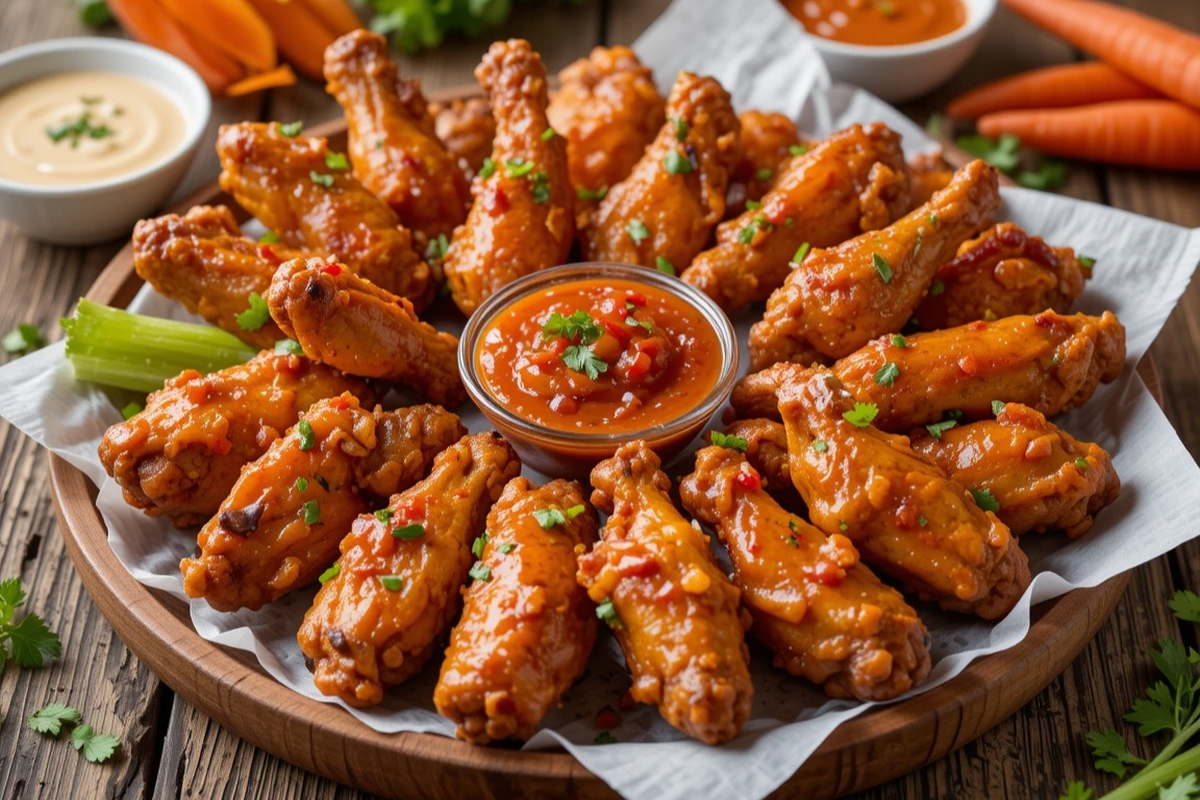 A colorful platter of chicken wings with dips and sides