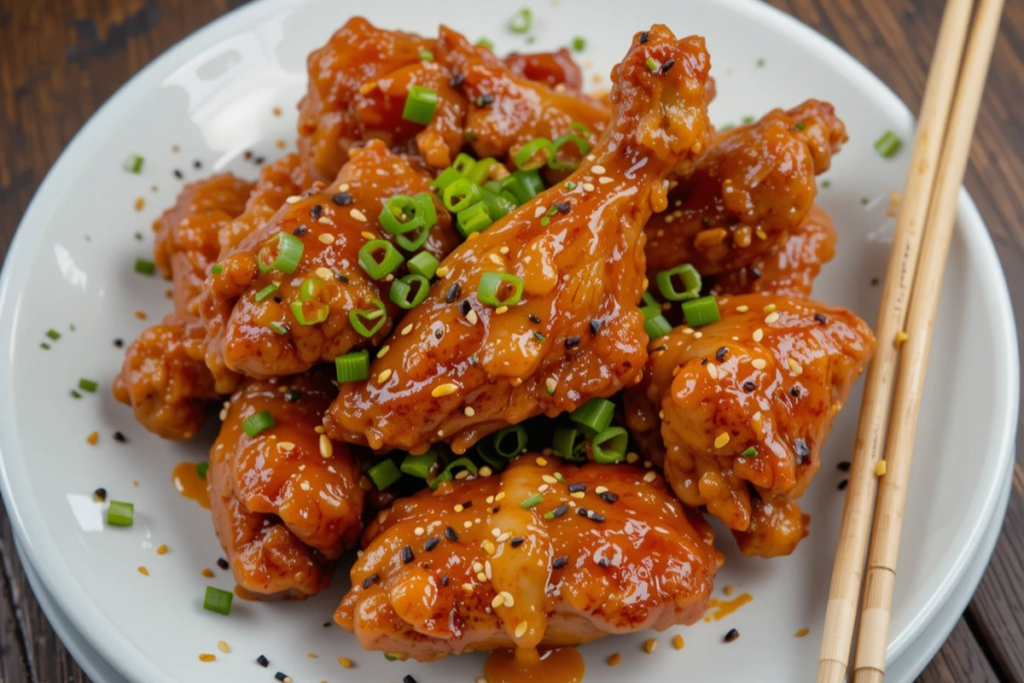 Korean-style chicken wings garnished with sesame seeds