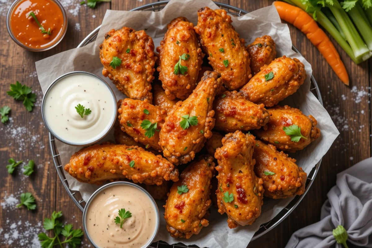 Golden-brown baked chicken wings with dipping sauces and veggies