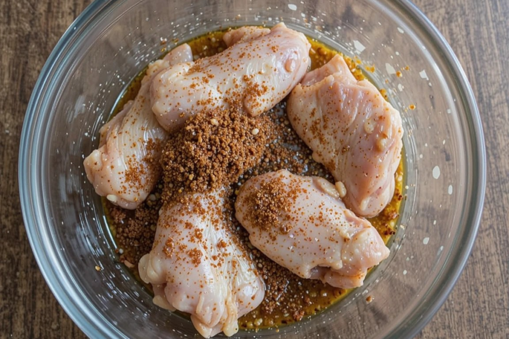 Marinating raw chicken wings with spices in a glass bowl