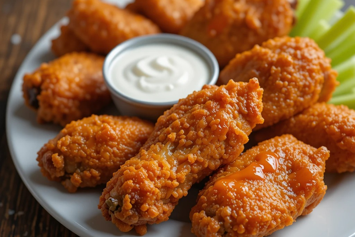 Crispy golden-brown fried chicken wings served with dipping sauces