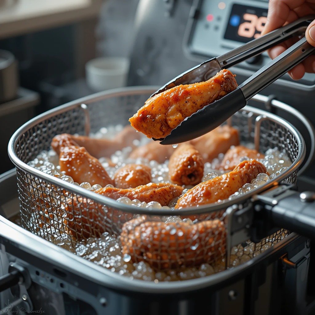 Chicken wings being deep-fried in bubbling hot oil