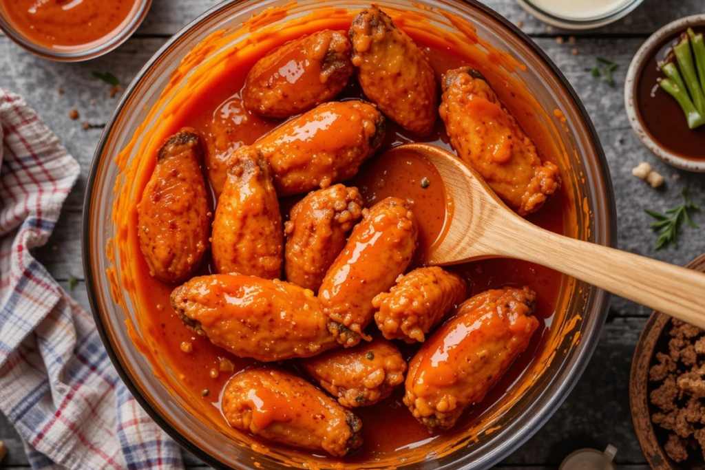 Buffalo sauce being tossed onto crispy fried chicken wings