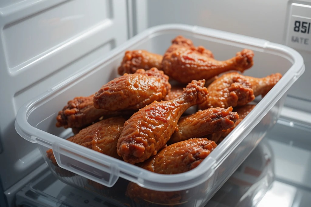 Cold chicken wings stored in a sealed container inside a fridge