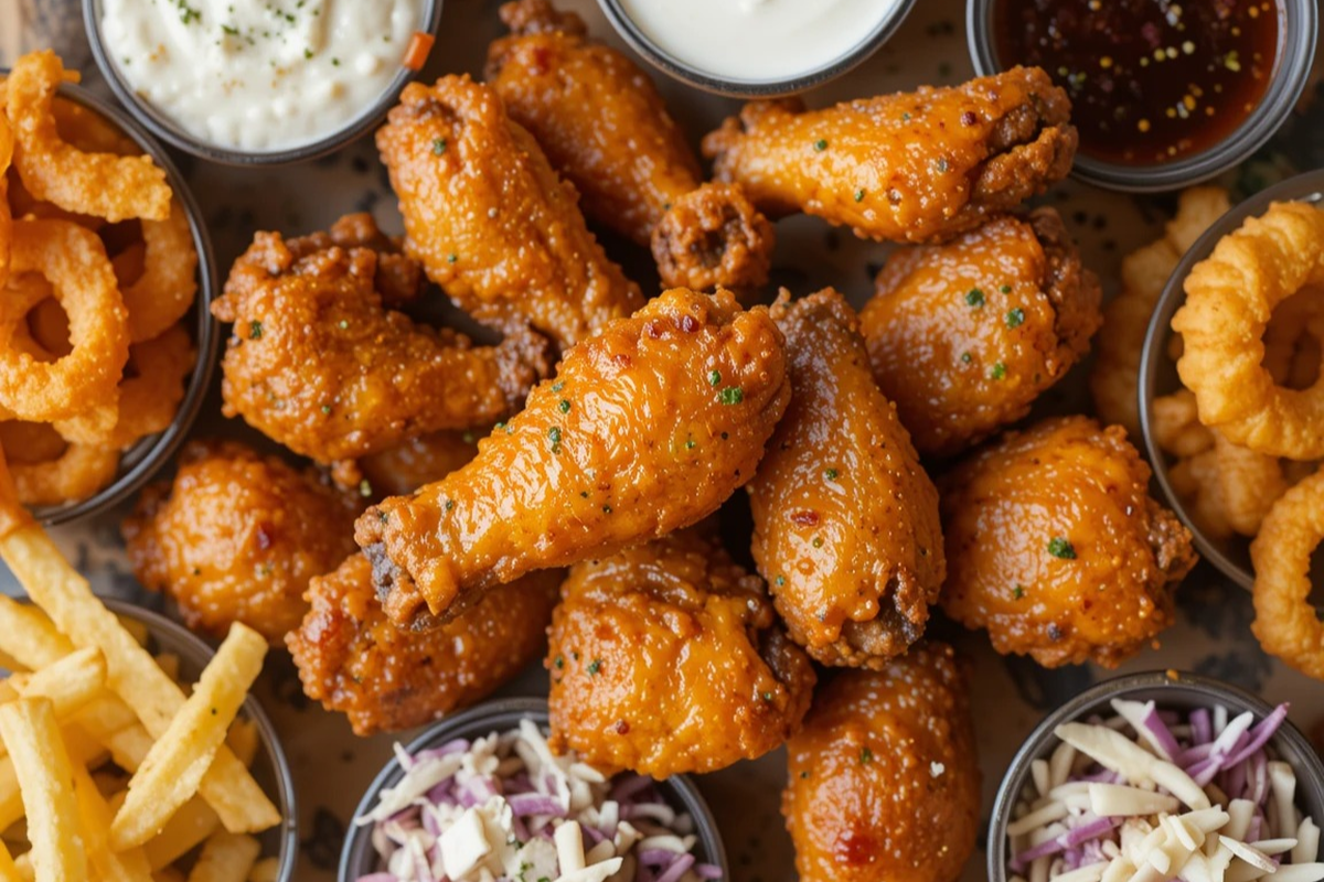 Platter of crispy chicken wings with various side dishes