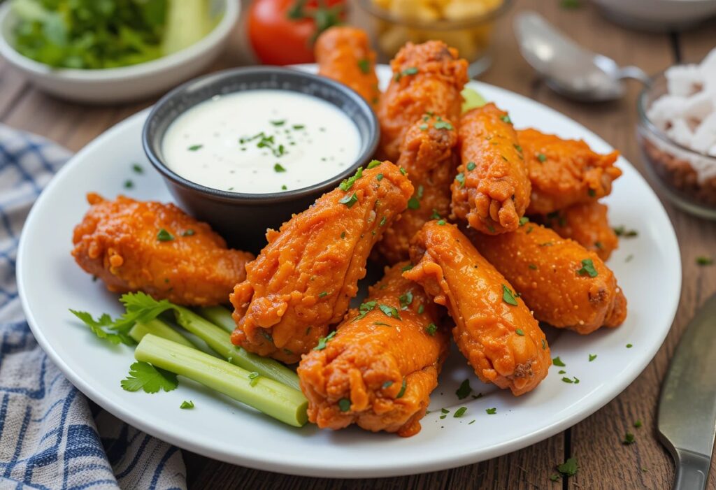 Buffalo chicken wing being dipped into ranch dressing