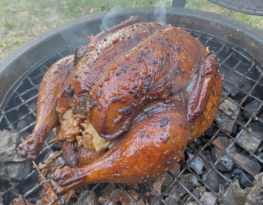 Turkey breast smoking on a pellet grill outdoors