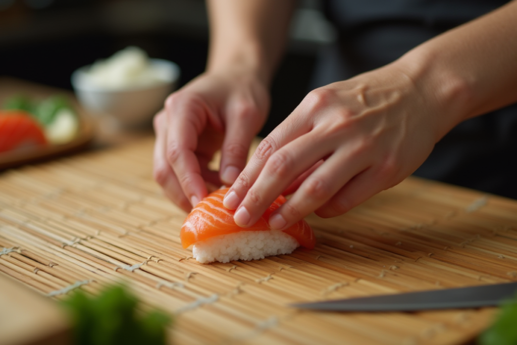 Chef shaping rice for nigiri with fresh fish slices nearby