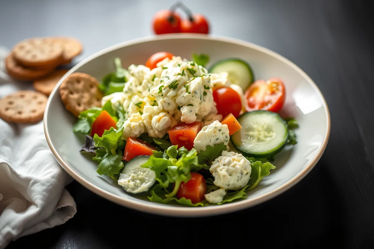  Cottage cheese egg salad on greens with veggies and crackers.