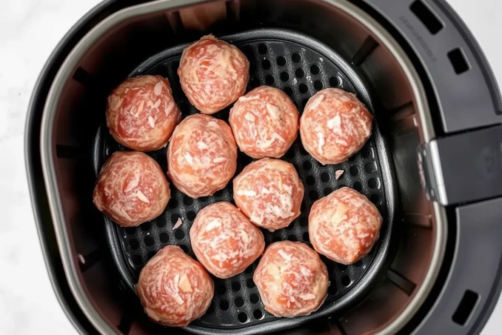 Arranging frozen meatballs in an air fryer basket with tongs