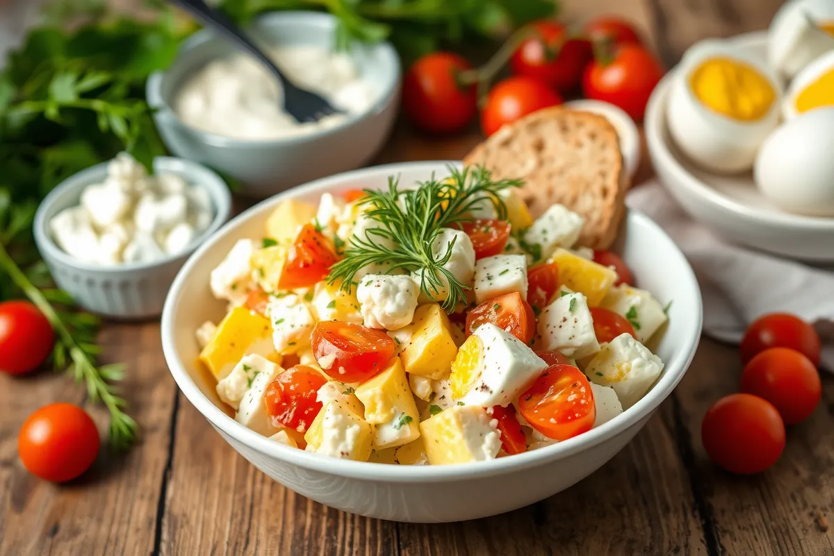 Egg salad with cottage cheese garnished with dill and black pepper