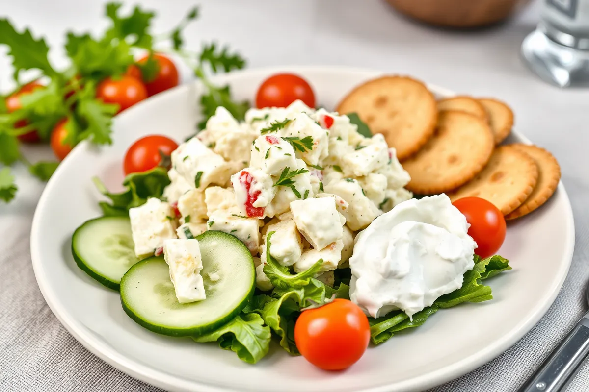 Plated egg salad with cottage cheese on mixed greens and vegetables