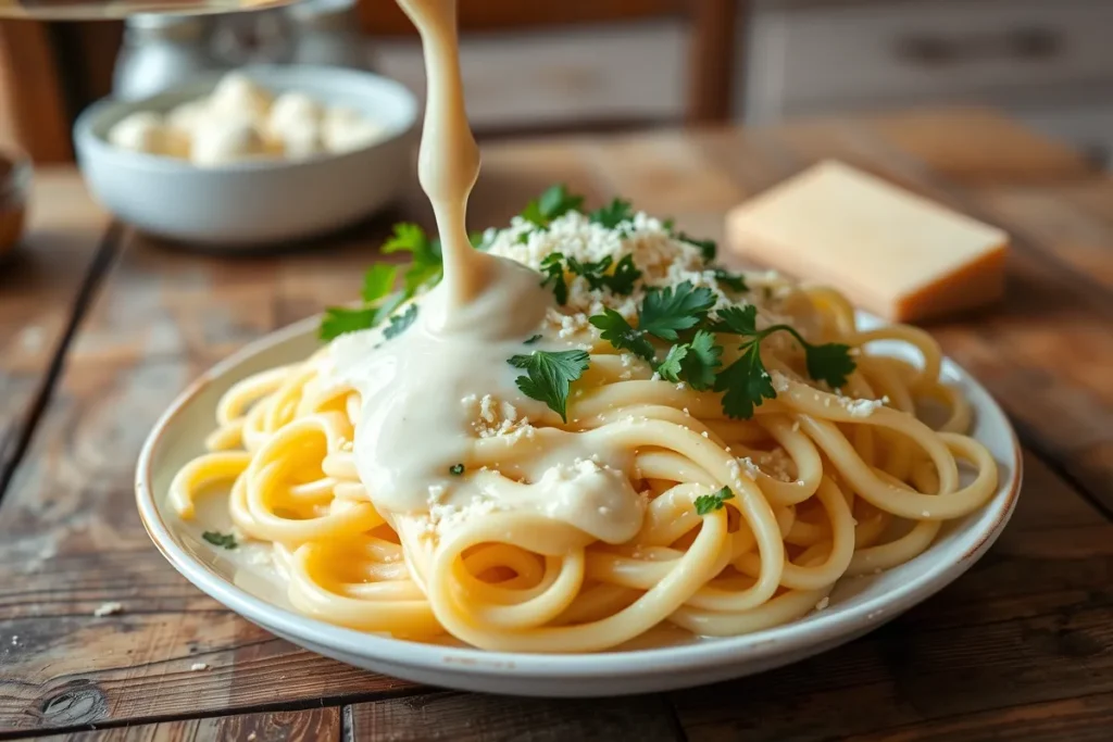 Plate of fettuccine with creamy Cottage Cheese Alfredo Sauce garnished with parsley