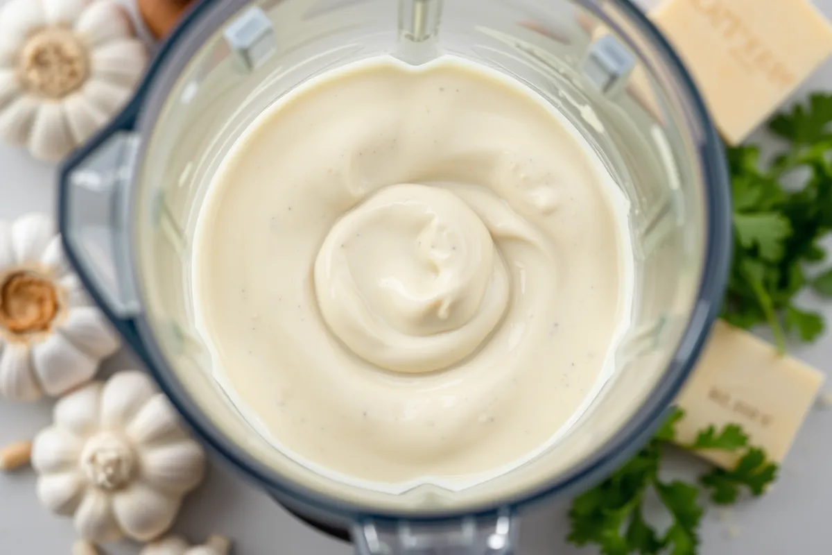 Blender filled with smooth Cottage Cheese Alfredo Sauce surrounded by fresh ingredients