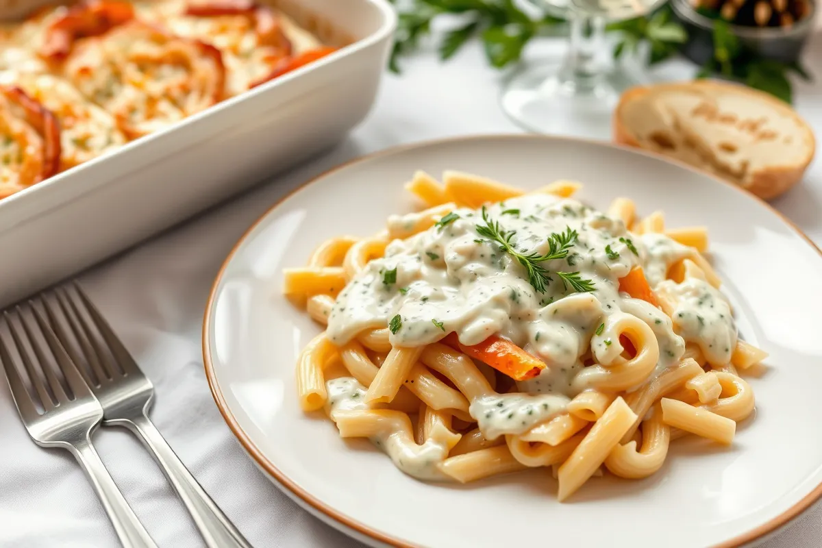 Baked penne pasta with Cottage Cheese Alfredo Sauce garnished with fresh herbs