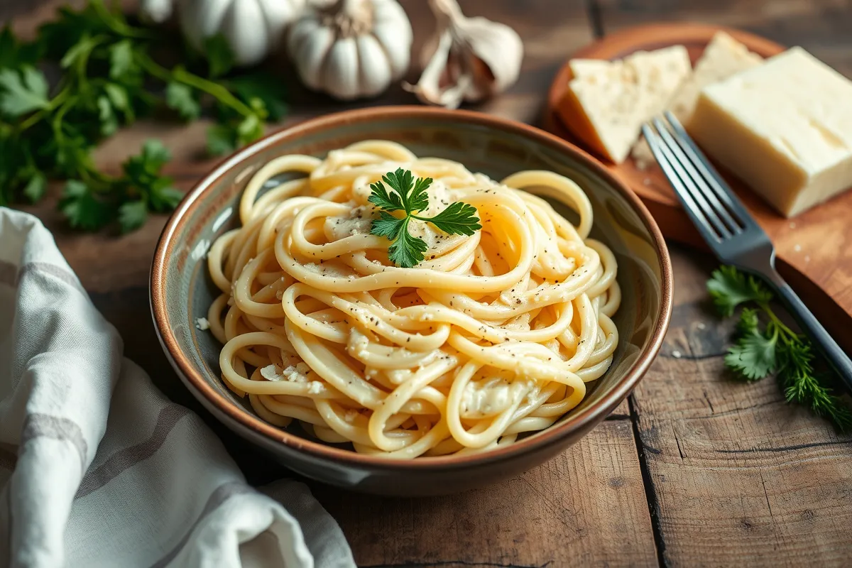 Fettuccine with creamy Alfredo sauce made with cottage cheese, garnished with parsley