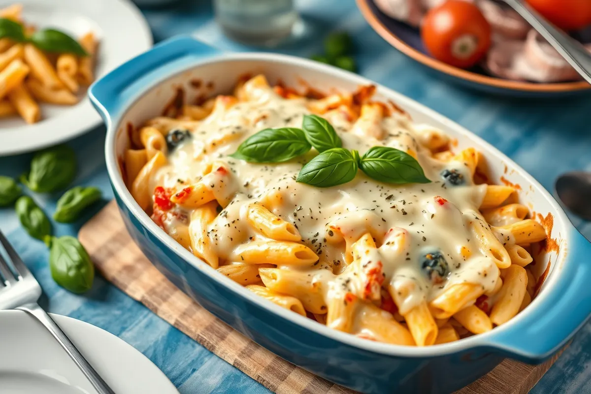 Baked penne pasta with cottage cheese Alfredo sauce, garnished with fresh basil