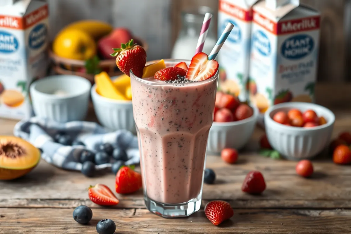 A colorful smoothie without yogurt topped with fresh fruits and chia seeds