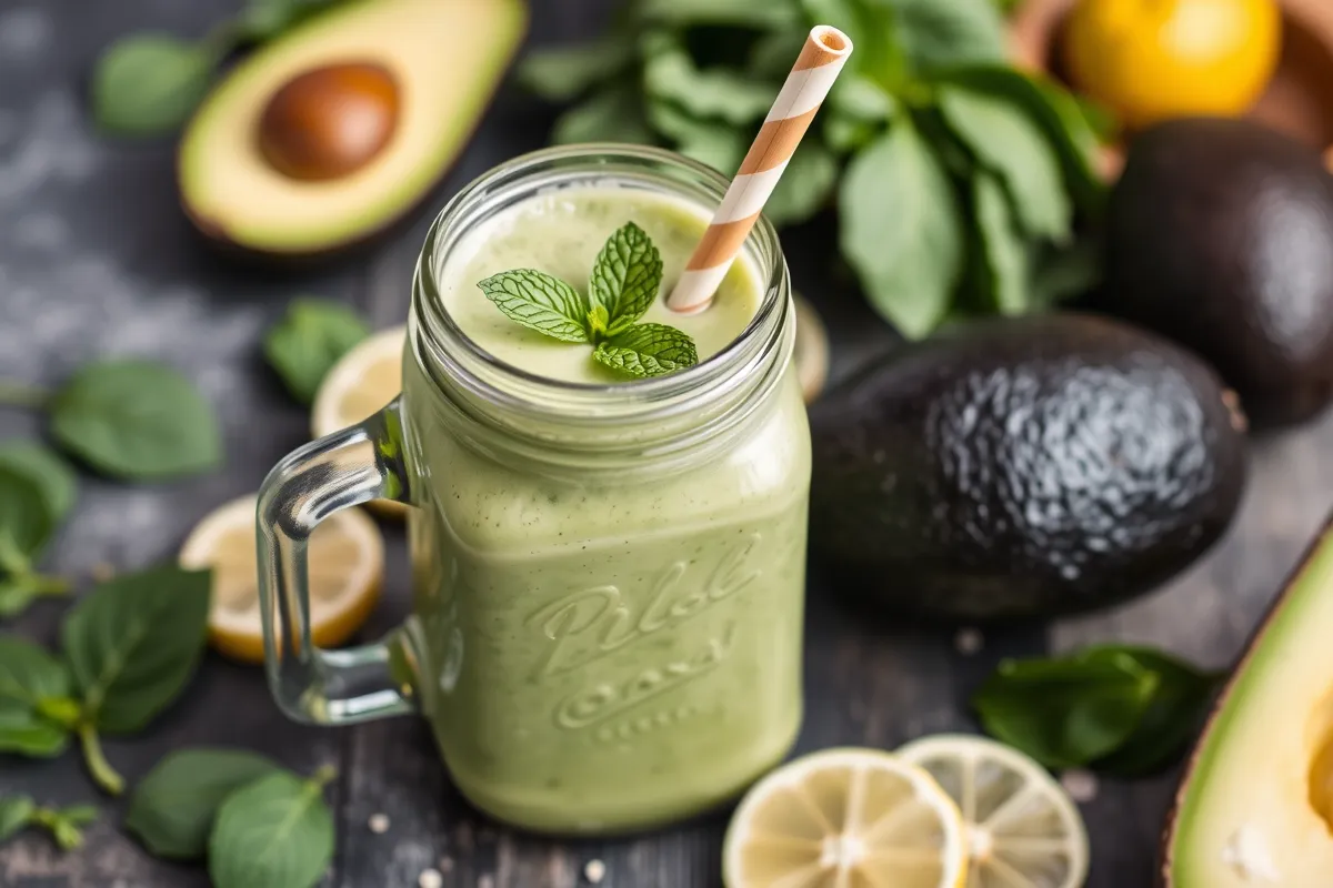 Green smoothie without yogurt in a mason jar, garnished with mint and surrounded by fresh ingredients