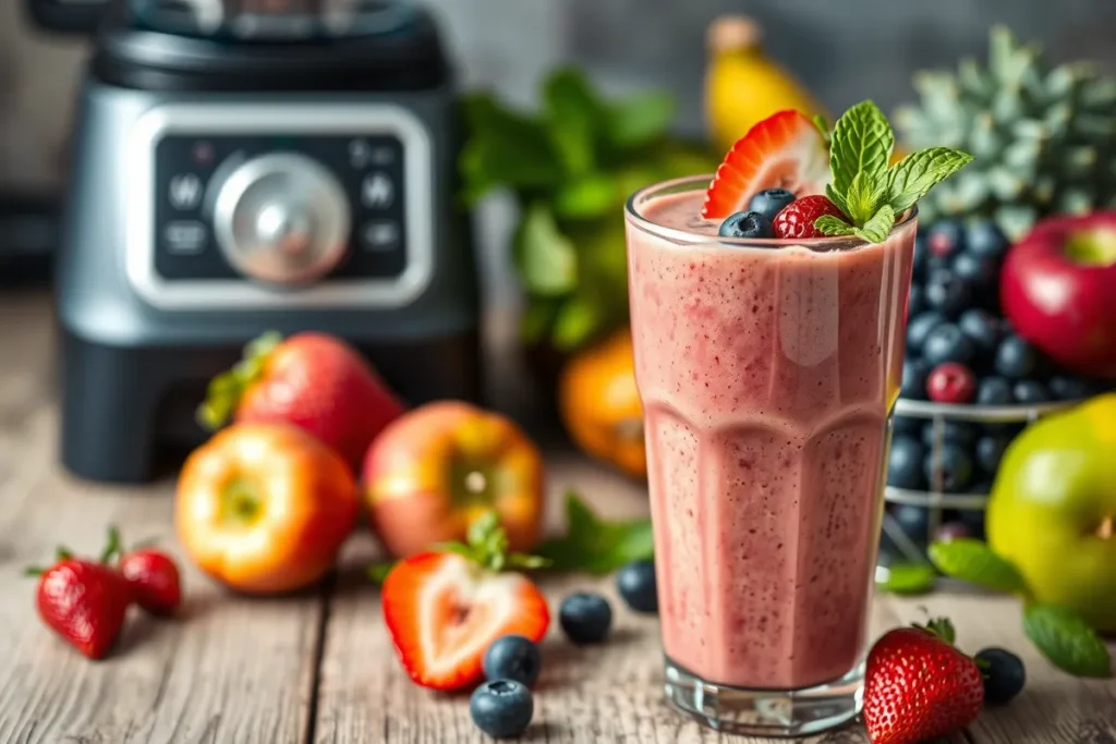 A vibrant fruit smoothie without yogurt topped with strawberries and mint