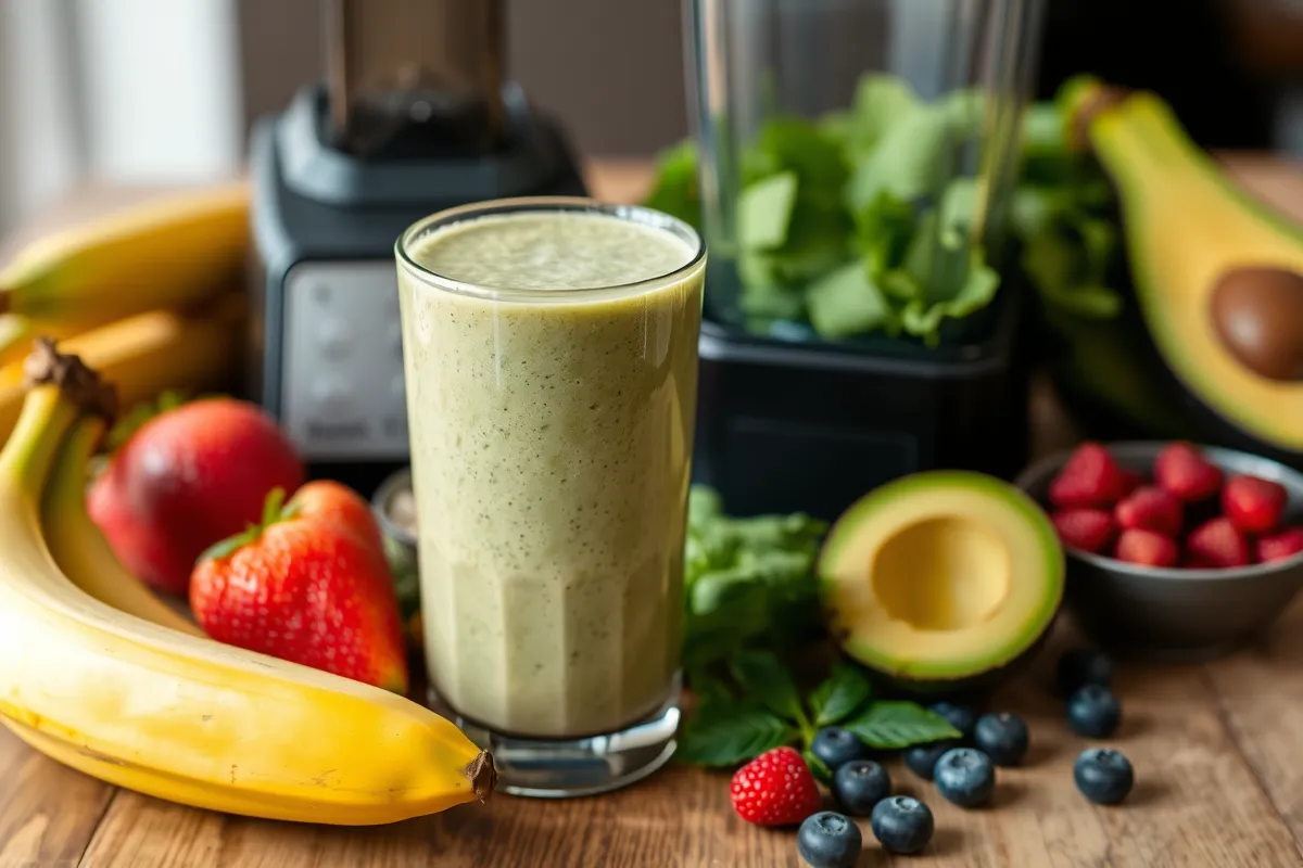 A creamy smoothie without froth, surrounded by fresh fruits and a blender