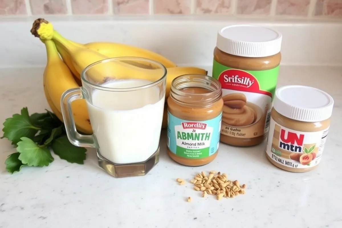 Smoothie ingredients including bananas, almond milk, and nut butter on a clean countertop