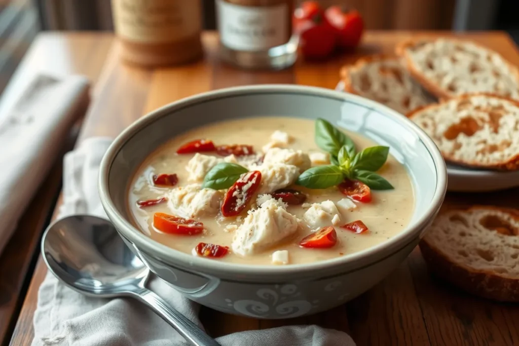 A creamy bowl of Marry Me Chicken Soup garnished with basil and Parmesan cheese