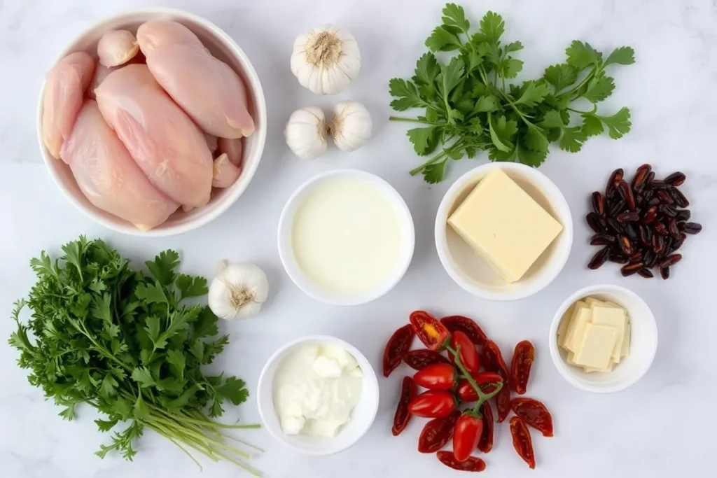 Ingredients for Marry Me Chicken Soup on a marble countertop, including chicken, garlic, cream, and sun-dried tomatoes