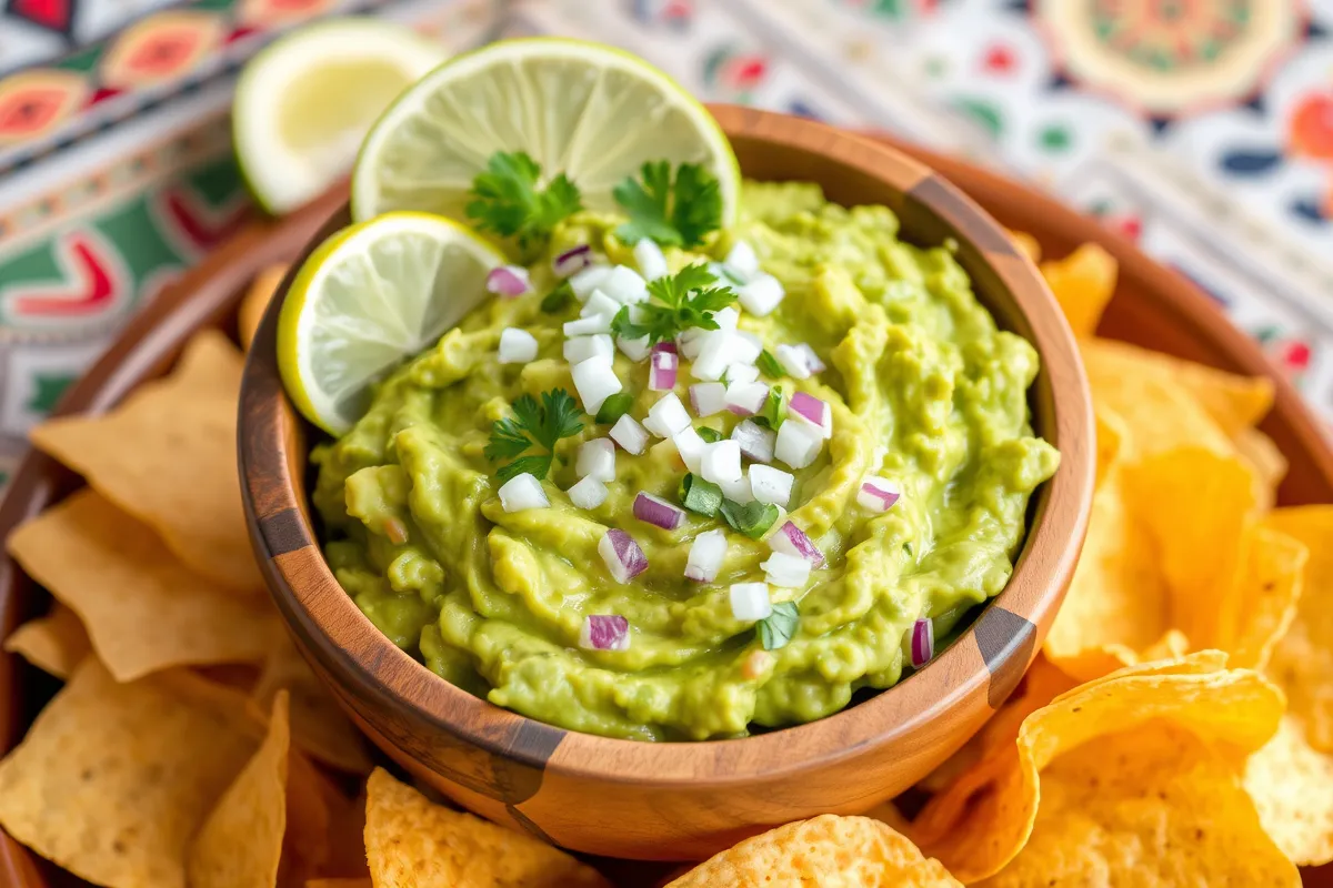 A bowl of 4 ingredient guacamole garnished with lime wedges and served with tortilla chips