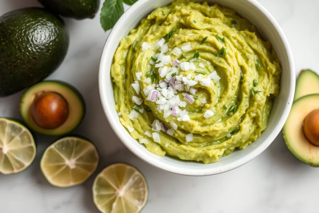 Freshly mashed avocados blended with lime juice, salt, and chopped onions, surrounded by whole avocados and lime halves on a countertop