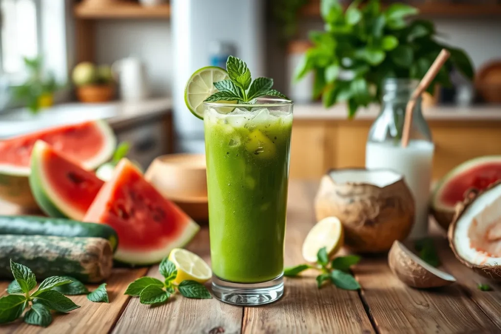 A refreshing glass of hydrates smoothie garnished with mint and lime, surrounded by hydrating fruits like cucumber and watermelon