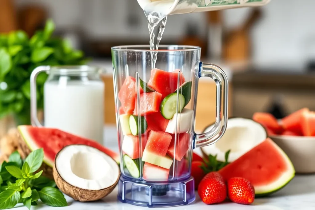 A blender filled with colorful ingredients for a hydrates smoothie, with coconut water being poured in