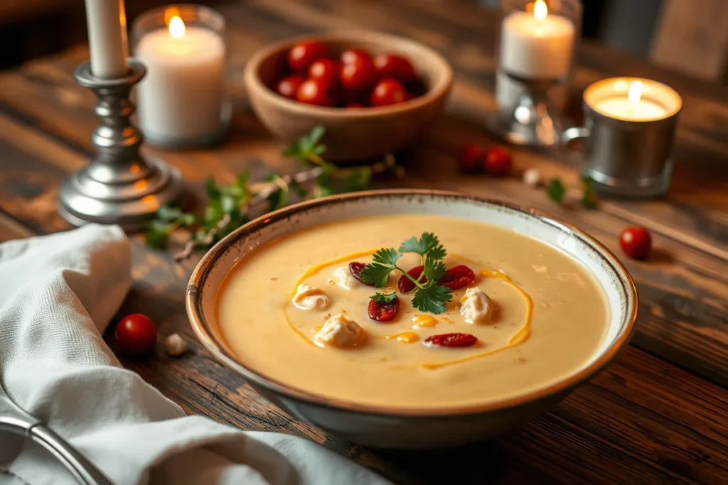 A plated bowl of creamy Marry Me Chicken Soup garnished with parsley and sun-dried tomatoes