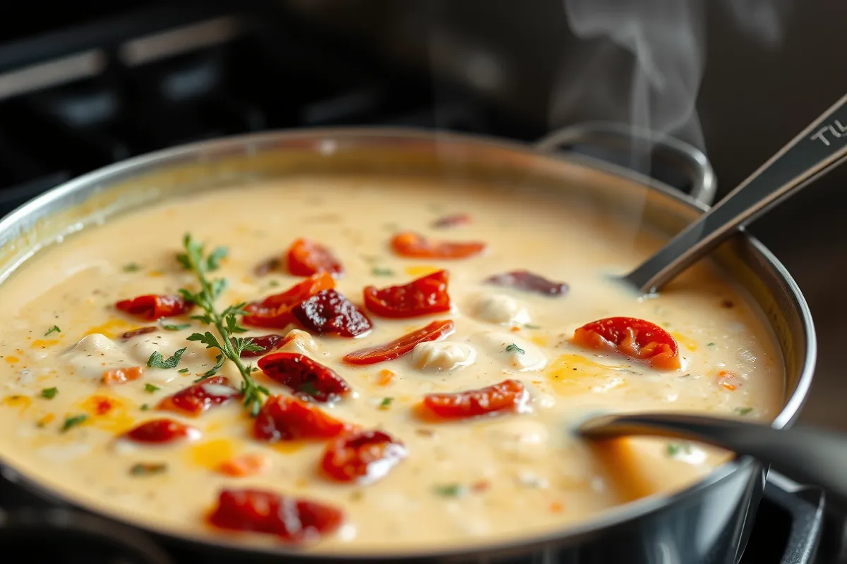 A pot of Marry Me Chicken Soup simmering on a stovetop with herbs and sun-dried tomatoes