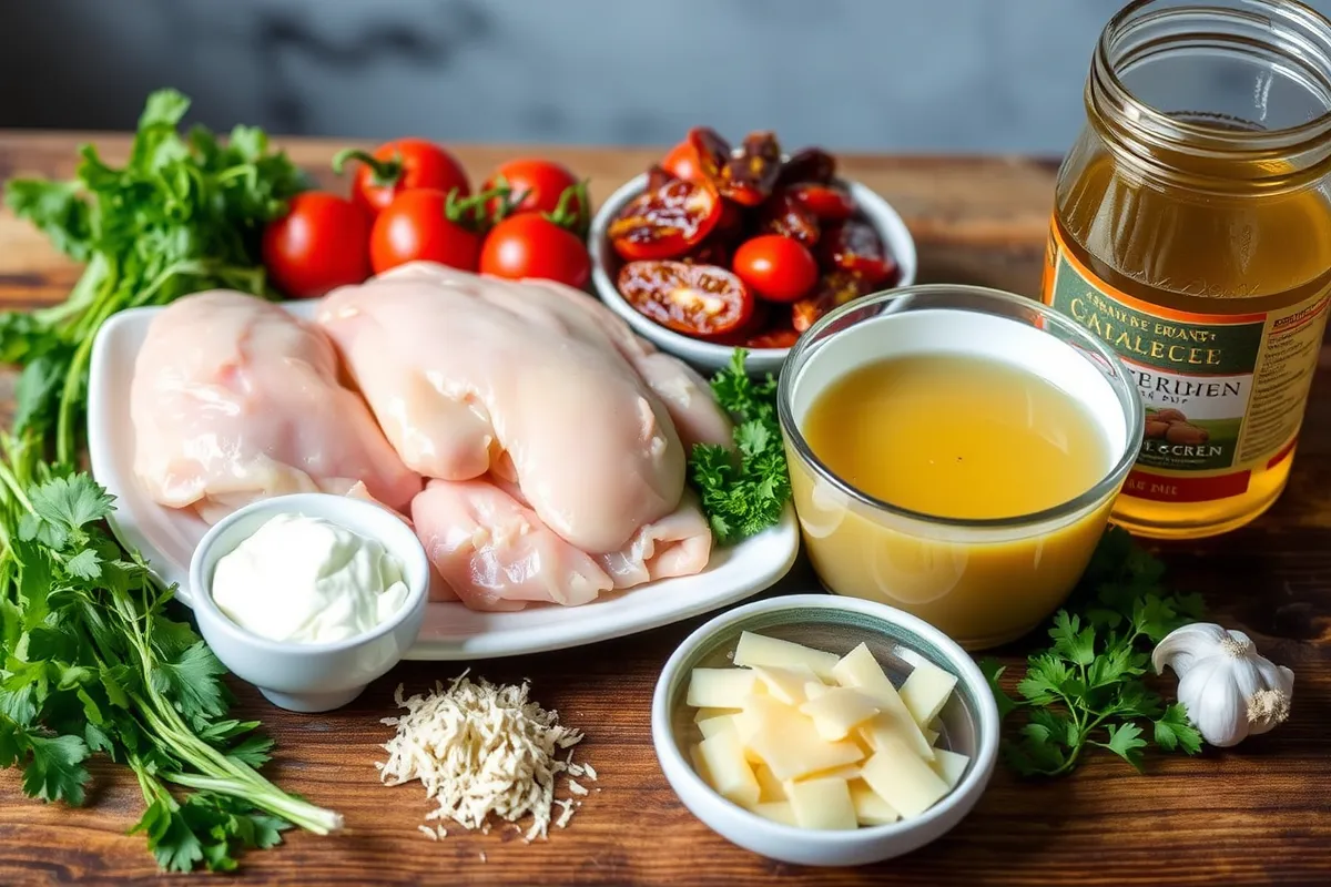 Fresh ingredients for Marry Me Chicken Soup, including raw chicken, sun-dried tomatoes, heavy cream, Parmesan cheese, fresh herbs, garlic, and chicken broth, arranged on a rustic wooden countertop