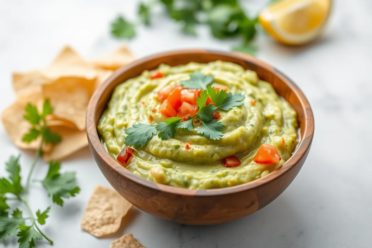 Lime-free guacamole served in a rustic wooden bowl with garnishes